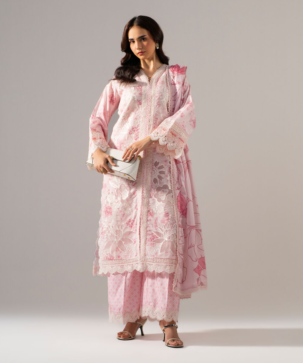 Women's RTW Self Jacquard Printed Embroidered Off White 3 Piece Suit