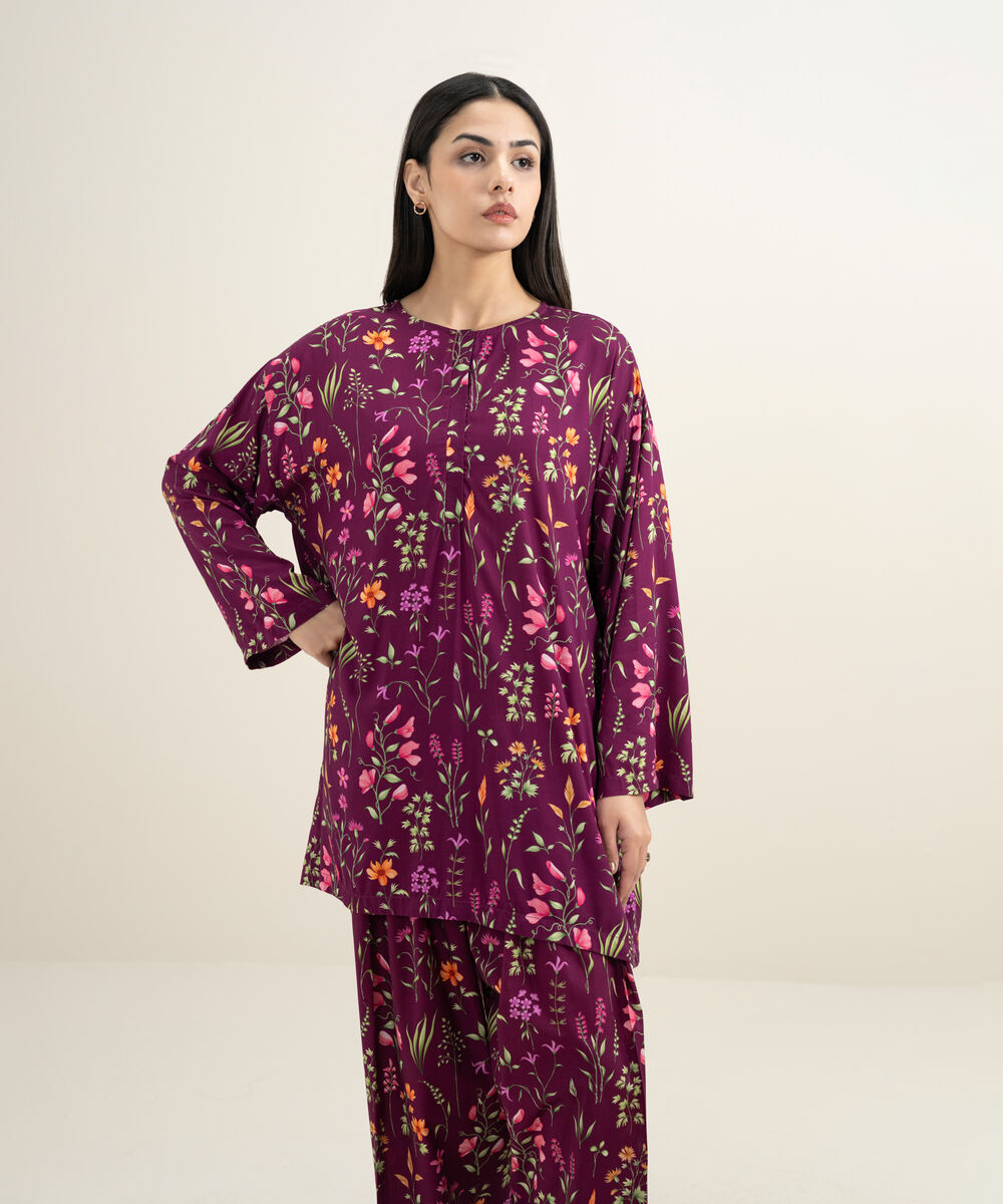 Women's RTW Arabic Lawn Printed Purple 2 Piece Suit