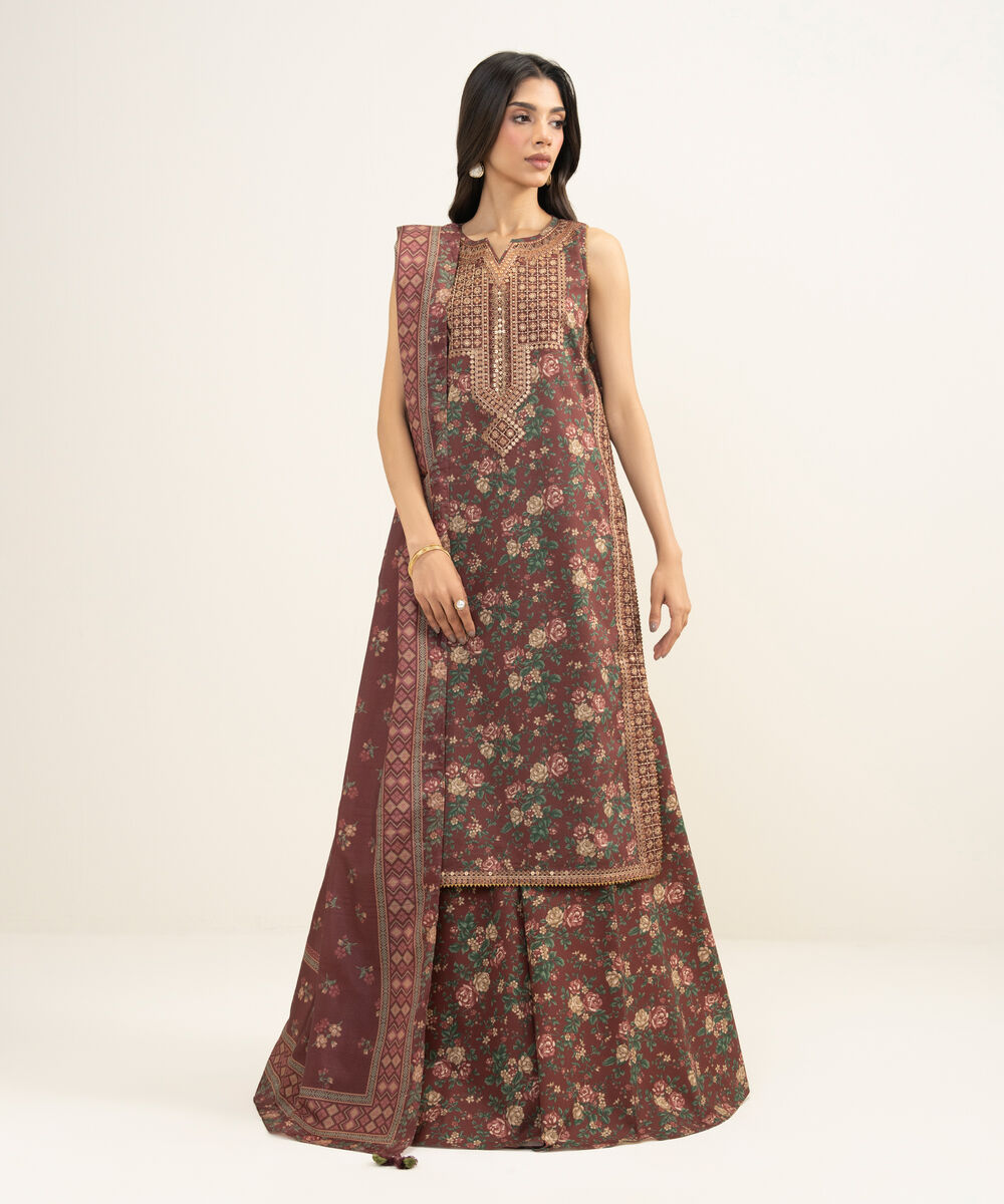 Women's Unstitched Lawn Embroidered Brown 3 Piece Suit