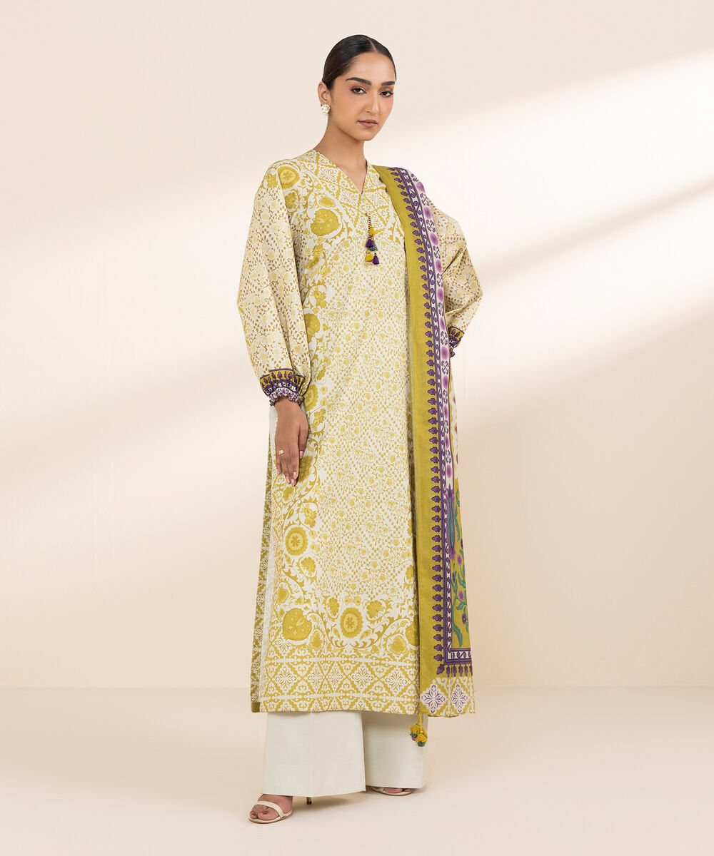 Women's Unstitched Lawn Printed Yellow 2 Piece Suit