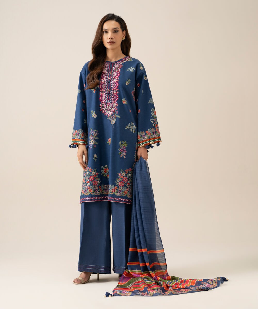 Women's Unstitched Light Khaddar Printed Blue 3 Piece Suit