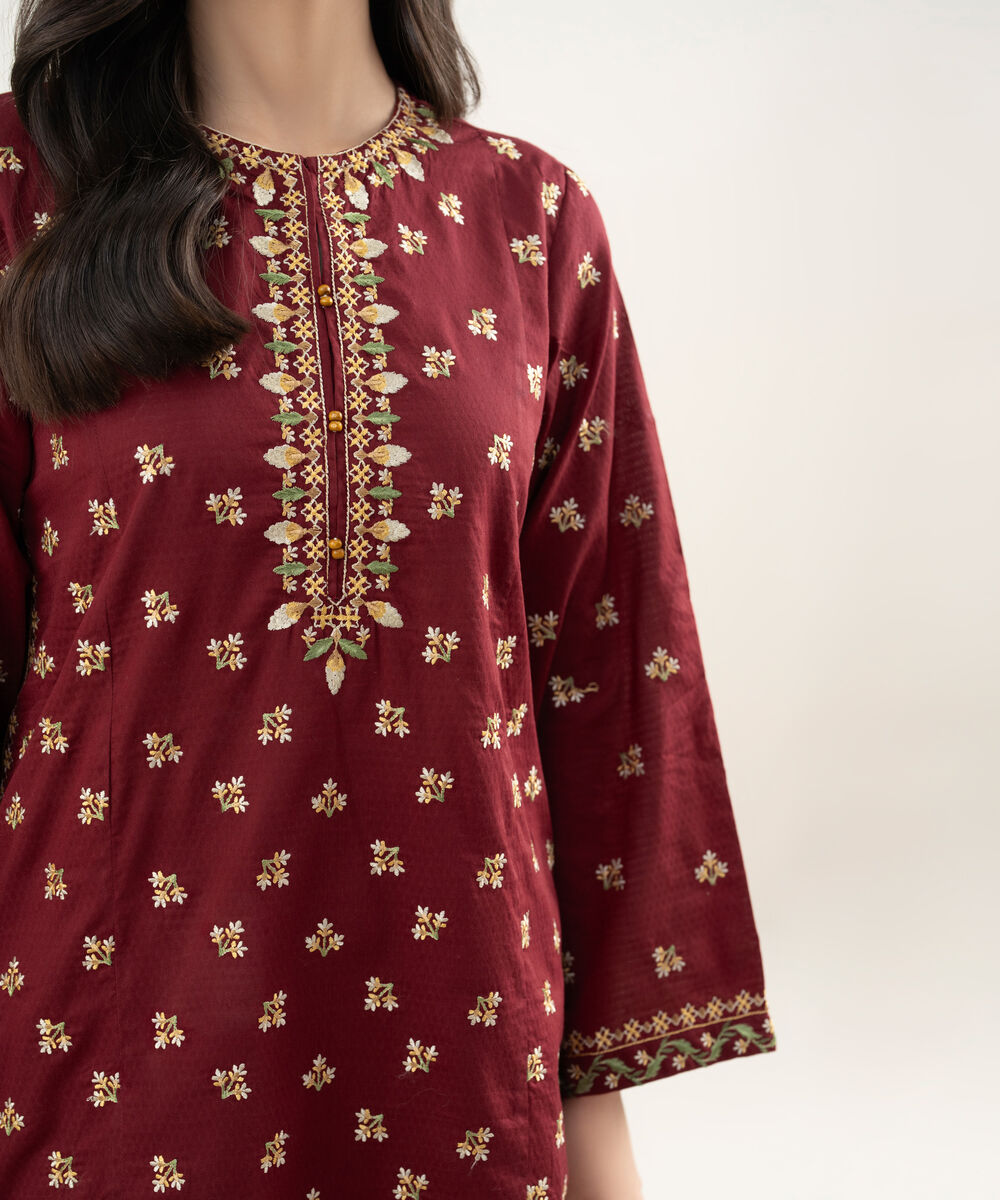 Women's RTW Dobby Embroidered Maroon Straight Shirt