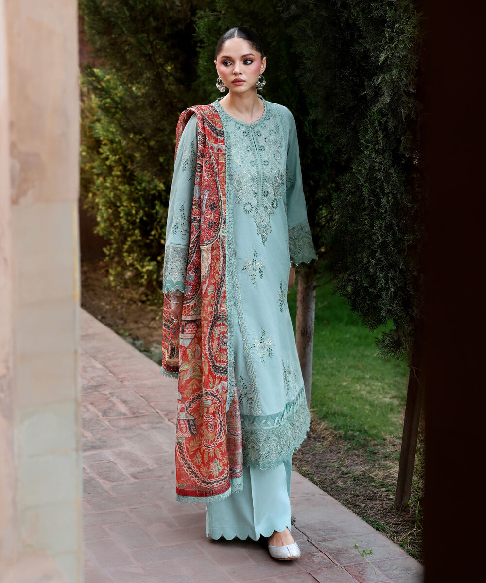 Women's RTW Self Jacquard Embroidered Seafoam Green 3 Piece Suit