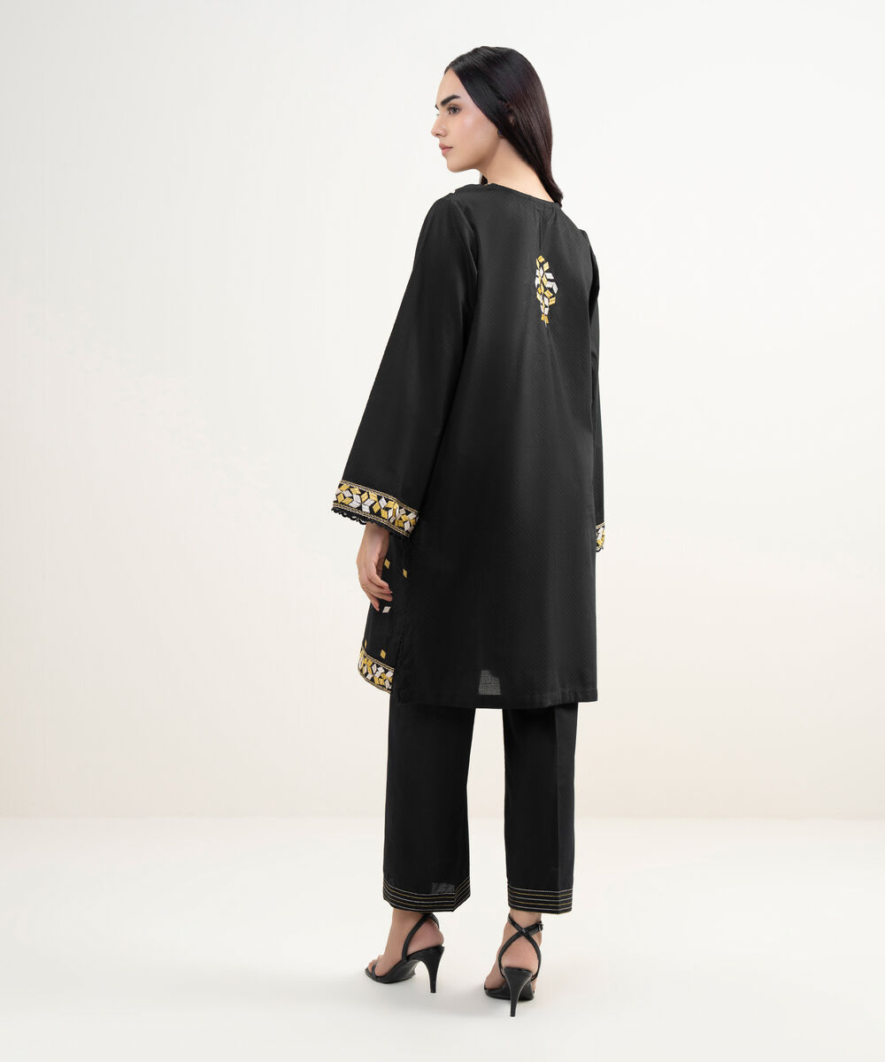 Women's RTW Dobby Embroidered Black Straight Shirt