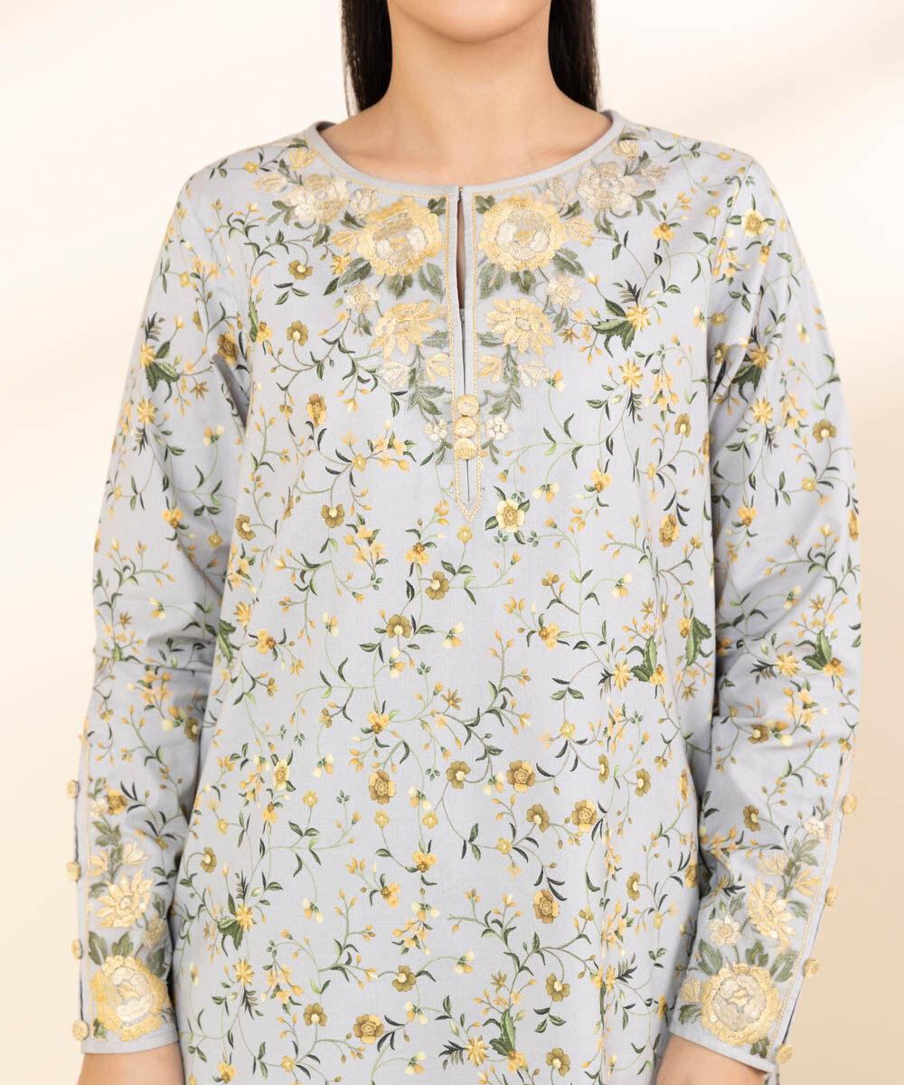 Women's Unstitched Lawn Embroidered Grey 3 Piece Suit