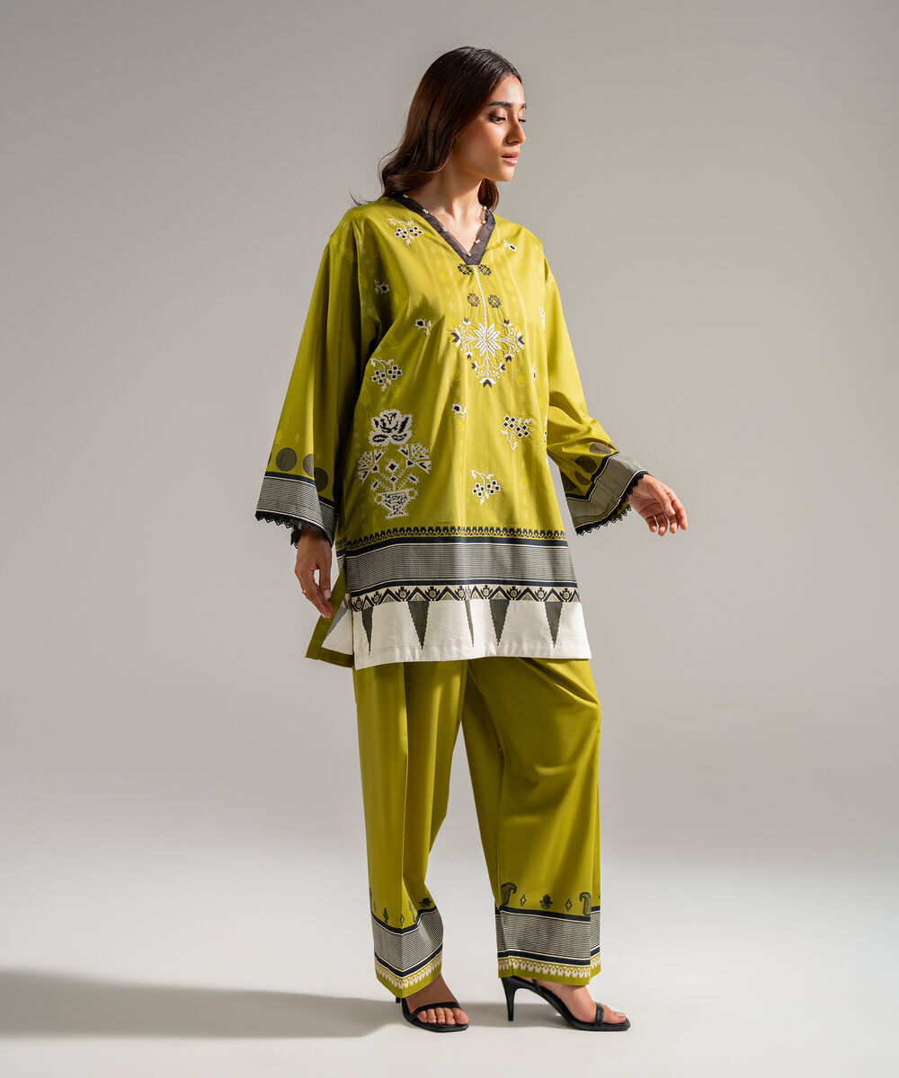 Women's RTW Lawn Embroidered Green Drop Shoulder Shirt