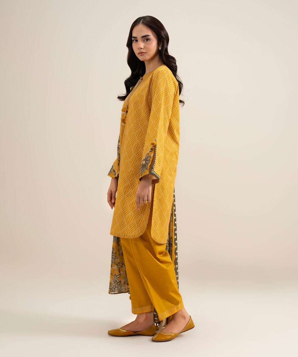 Women's Unstitched Lawn Printed Mustard 3 Piece Suit