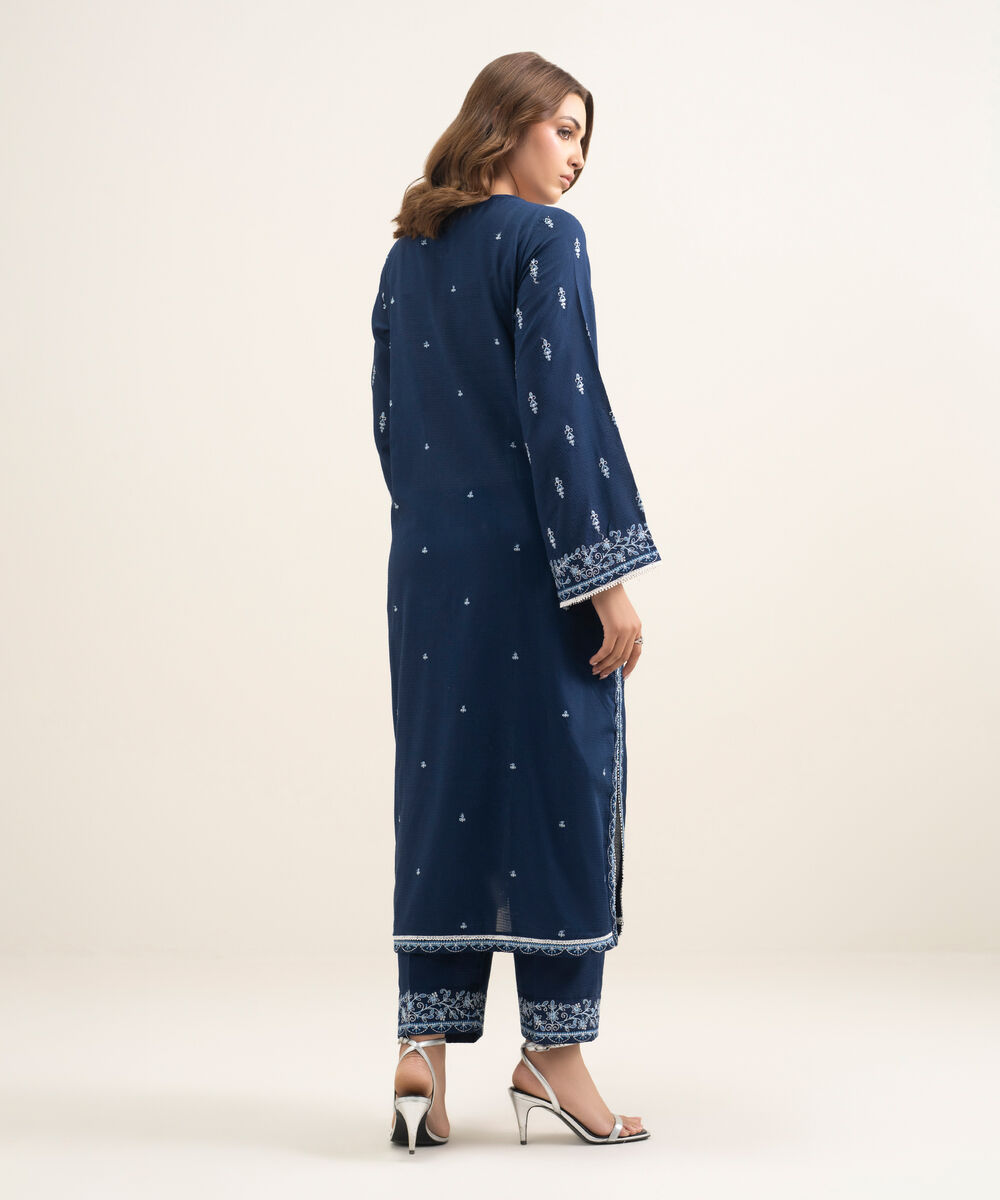 Women's RTW Dobby Embroidered Blue Straight Shirt