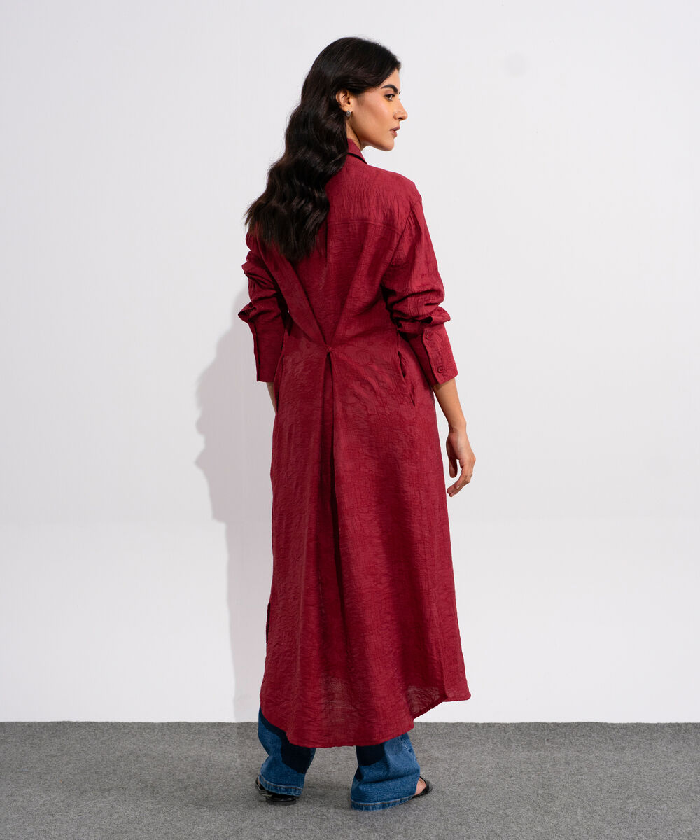 Women's Red Textured Button Through Dress