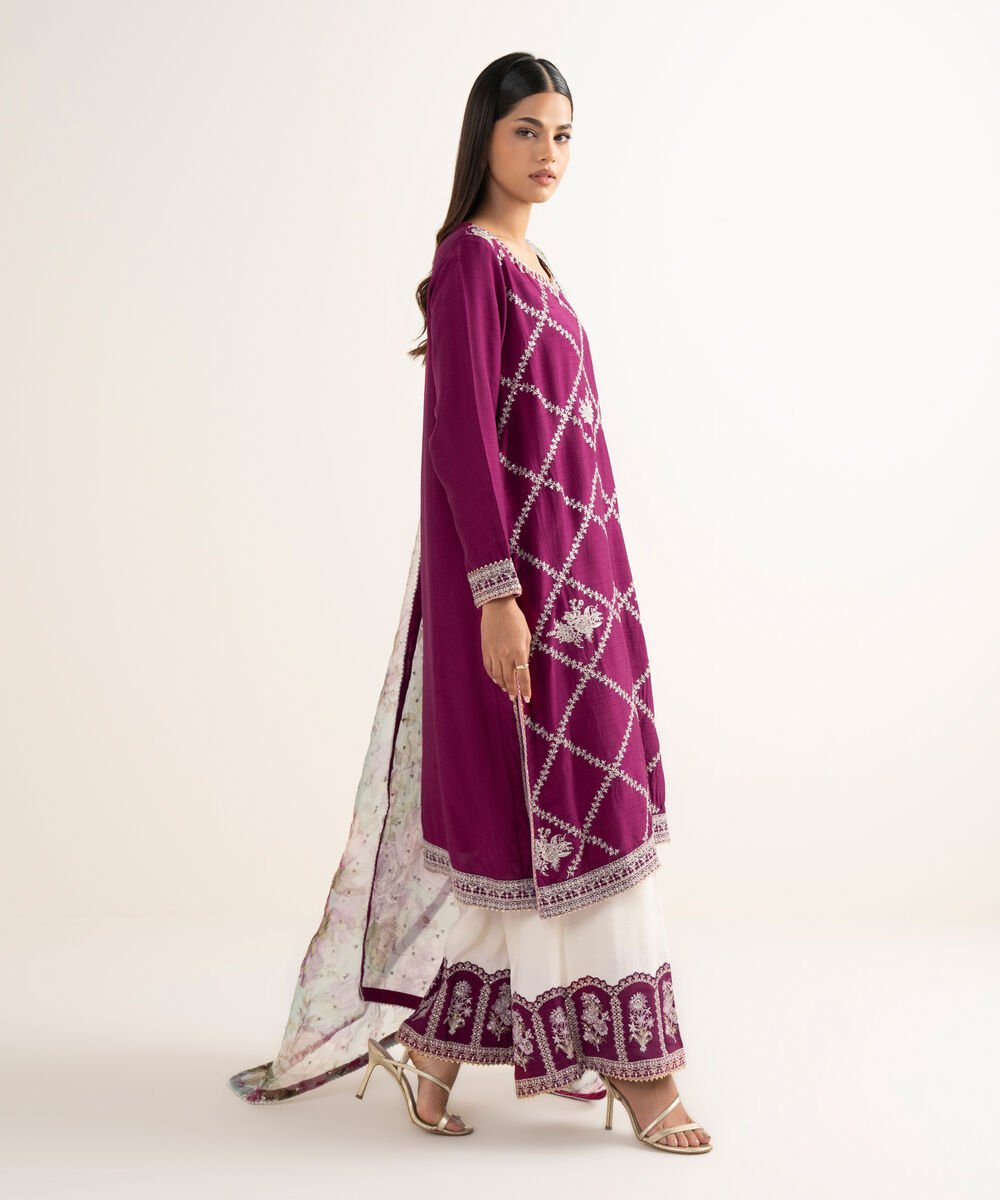 Women's RTW Raw Silk Purple Embroidered 3 Piece Suit