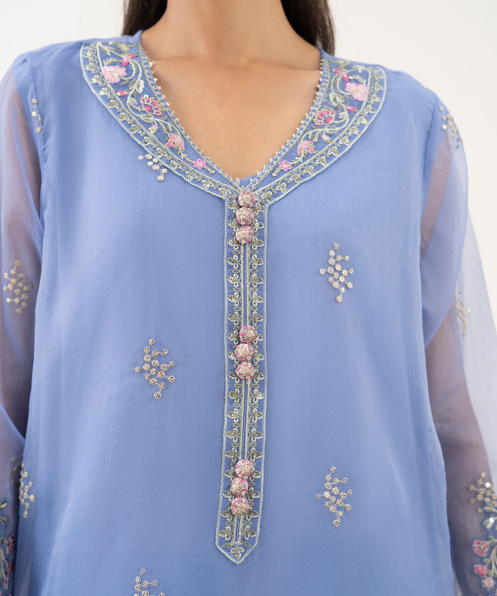 Women's RTW Blended Organza Embroidered Blue Three Piece Suit