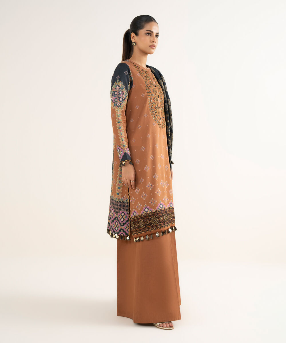 Women's Unstitched Fine Cotton Satin Embroidered Brown  3 Piece Suit