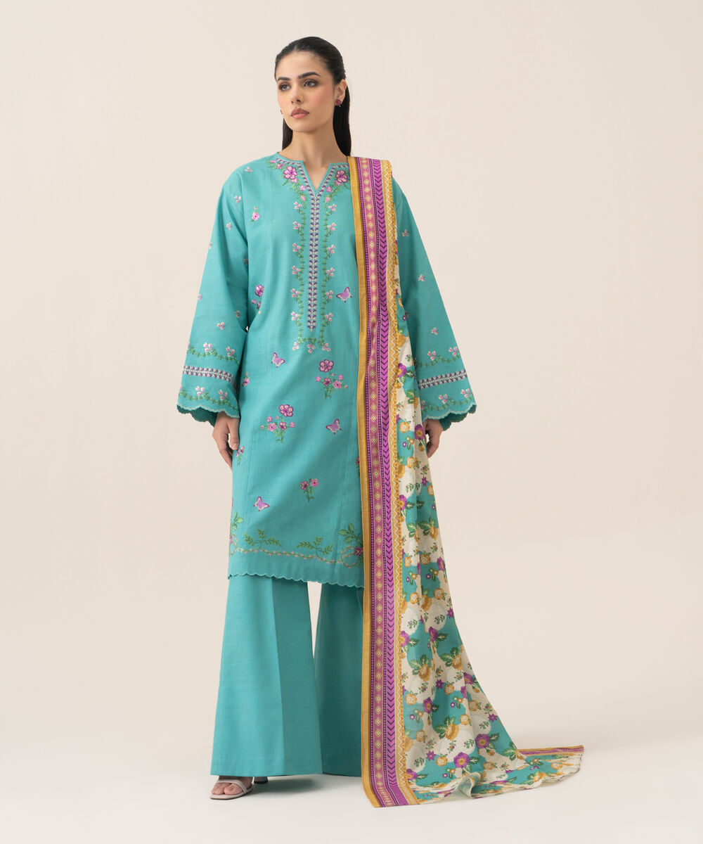 Women's Unstitched Basic Khaddar Embroidered Turquoise 3 Piece Suit