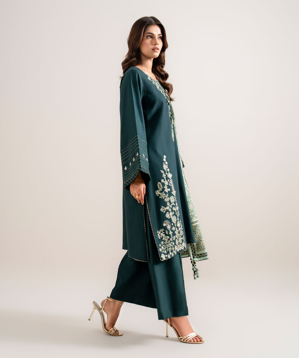 Women's Unstitched Embroidered Linen Teal Green 3 Piece Suit