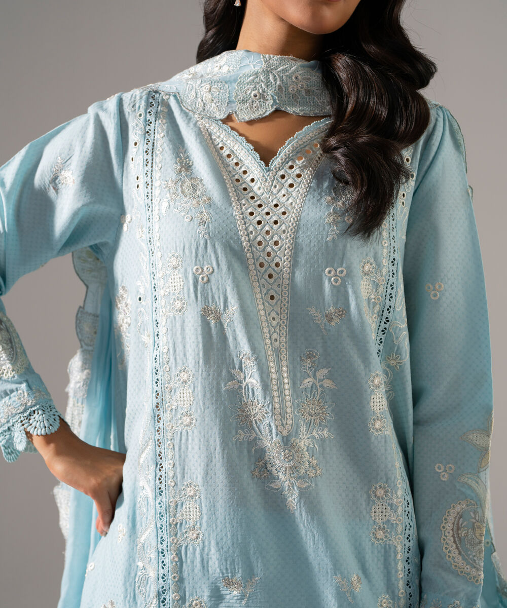 Women's RTW Dobby Solid Embroidered Blue 3 Piece Suit