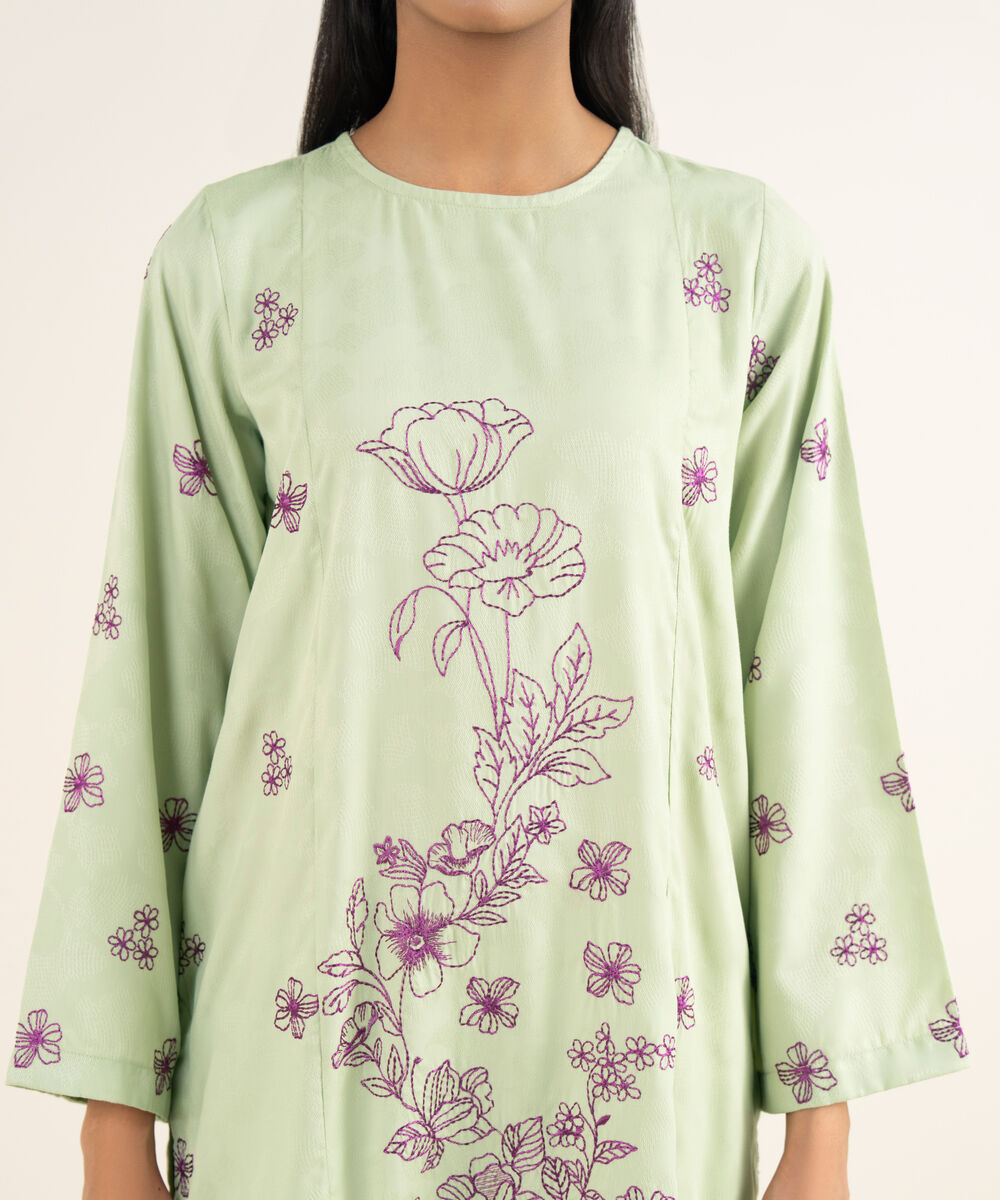 Women's RTW Self Jacquard Leno Embroidered Green Straight Shirt