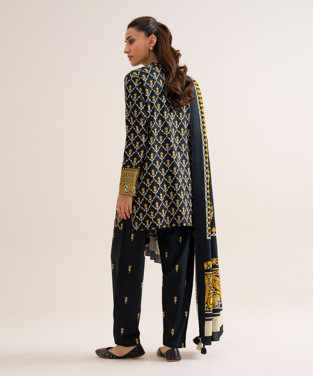 Women's Unstitched Viscose Linen Printed Black 3 Piece Suit