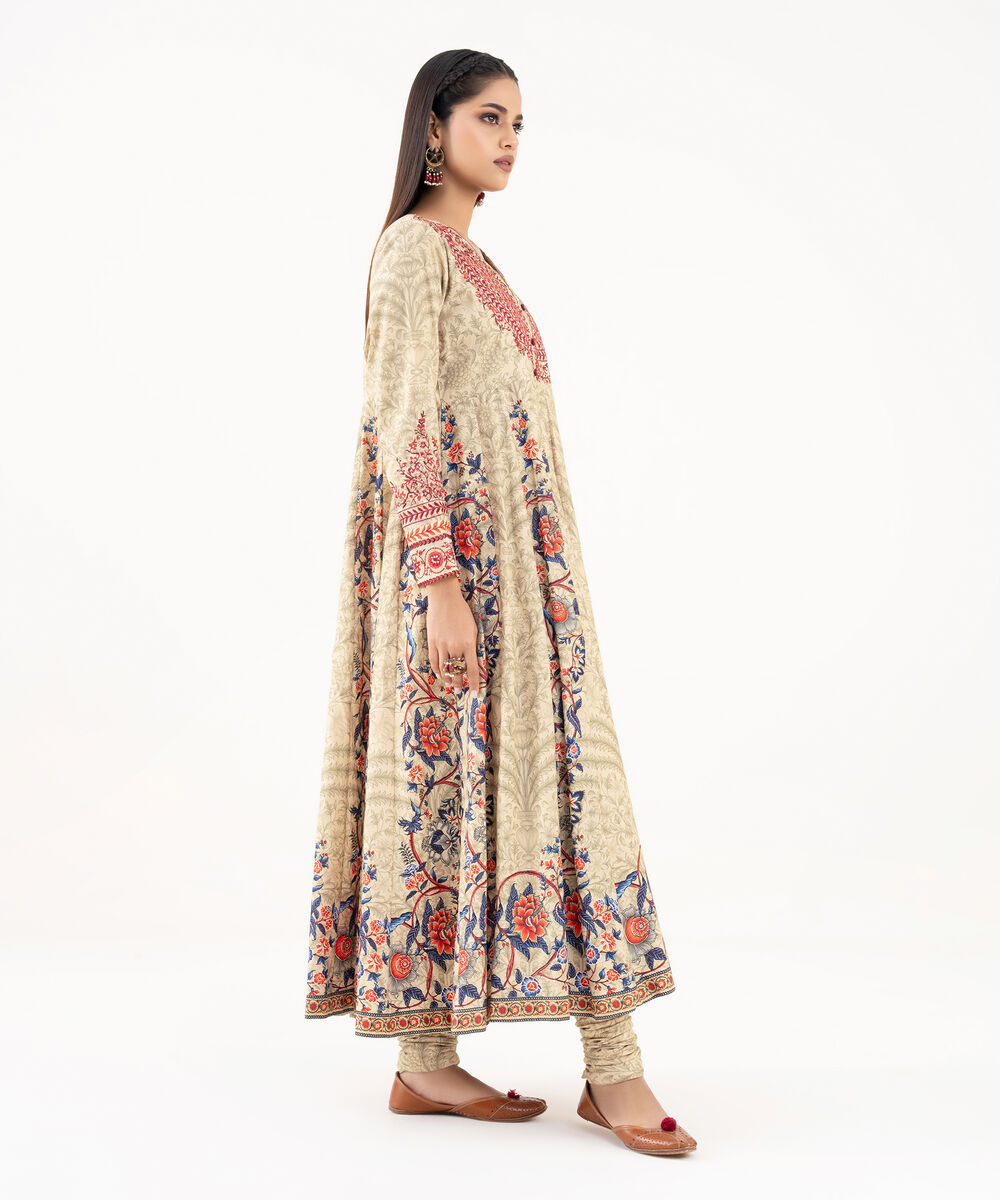 Women's RTW Lawn Viscose Beige Embroidered Pishwas