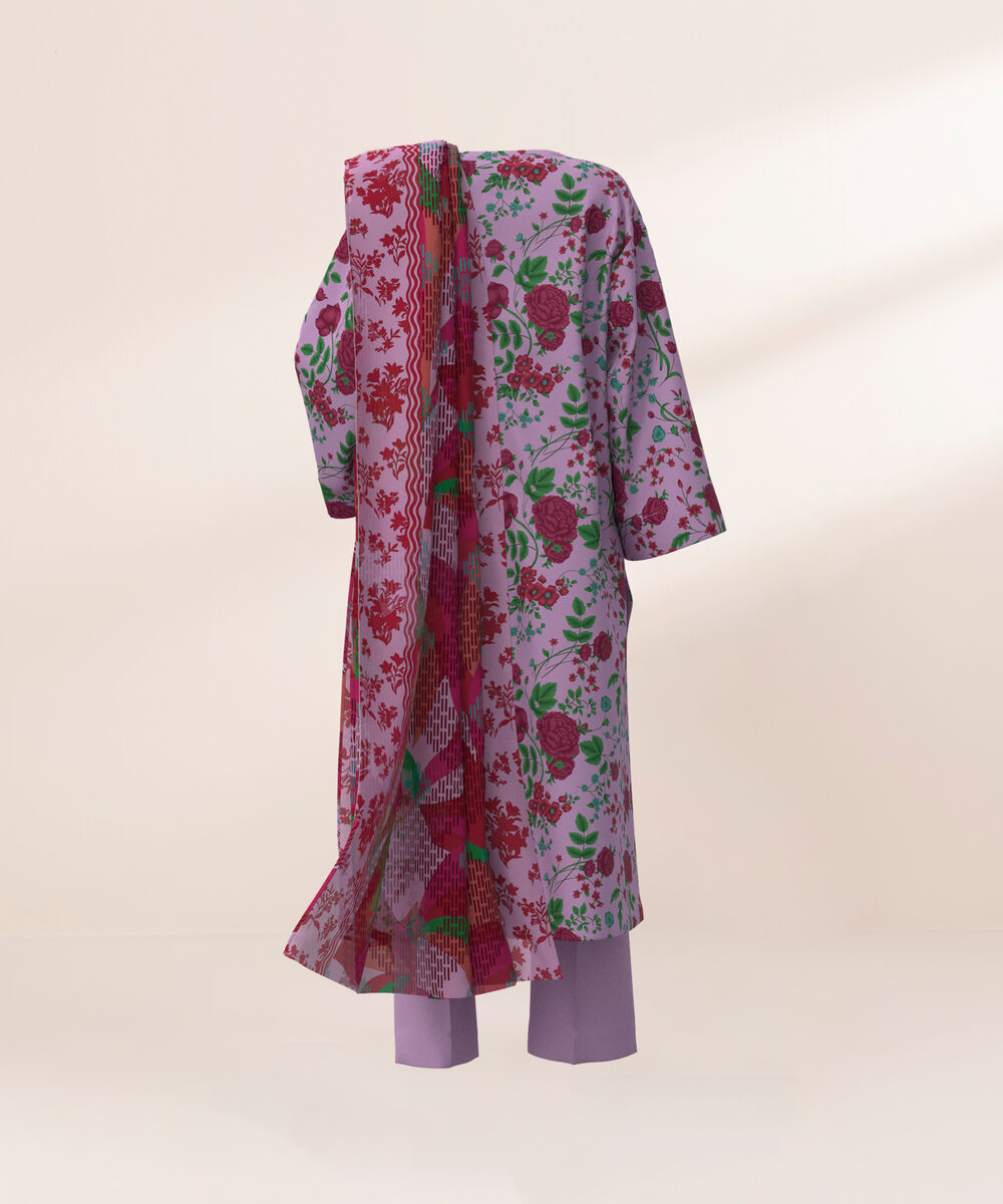 Women's Three Piece Printed Grey and Blue Lawn Suit