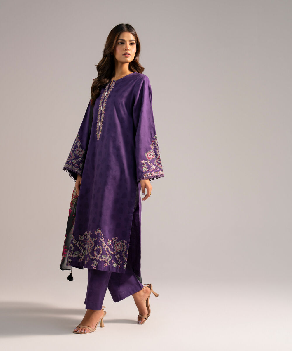 Women's RTW Self Jacquard Embroidered Purple 3 Piece Suit