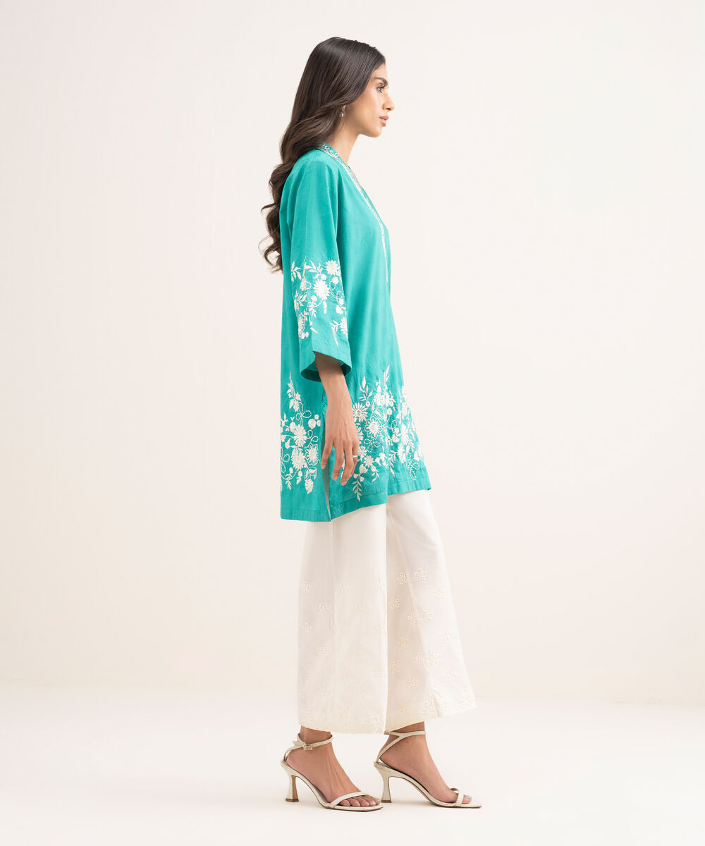 Women's RTW Self Jacquard Embroidered Green Straight Shirt
