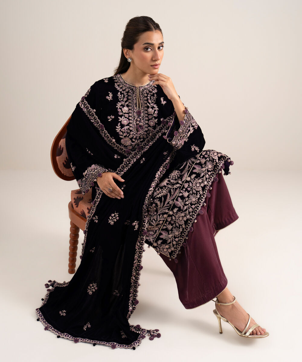 Women's Unstitched Embroidered Velvet Purple 3 Piece Suit