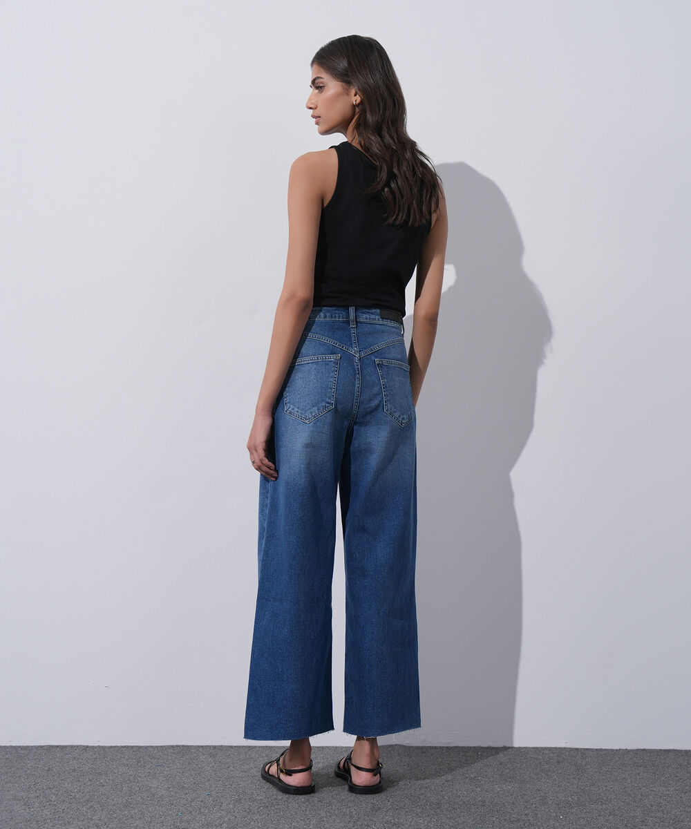 Women's Western Wear Blue Cropped Wide Leg Jeans
