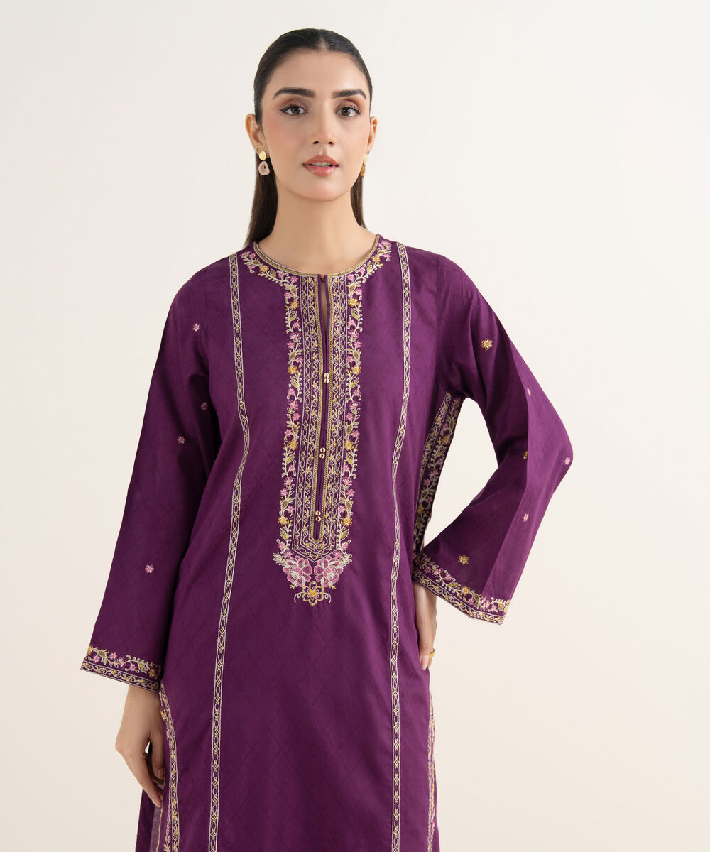 Women's RTW Self Jacquard Embroidered A-Line Purple Shirt