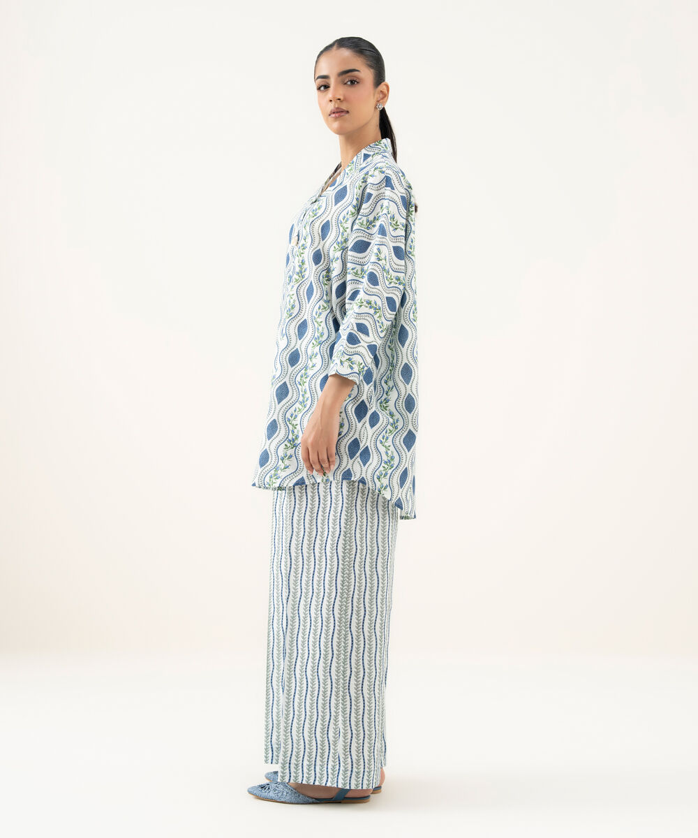 Women's RTW Crosshatch Printed Blue Drop Shoulder Shirt