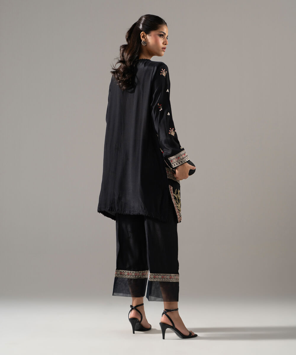 Women's RTW Thai Silk Solid Embroidered Black 2 Piece Suit