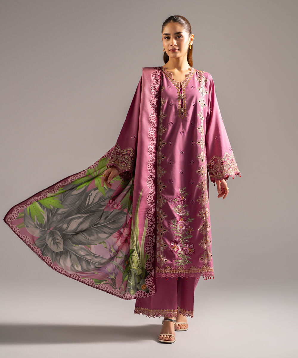 Women's RTW Slub Lawn Embroidered Mauve Pink 3 Piece Suit