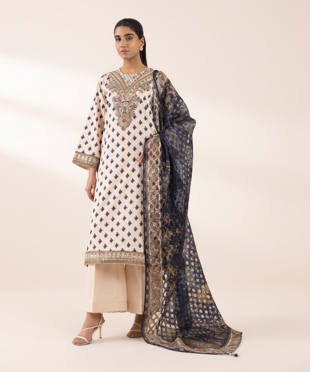 Broche Jacquard Blue Printed Dupatta