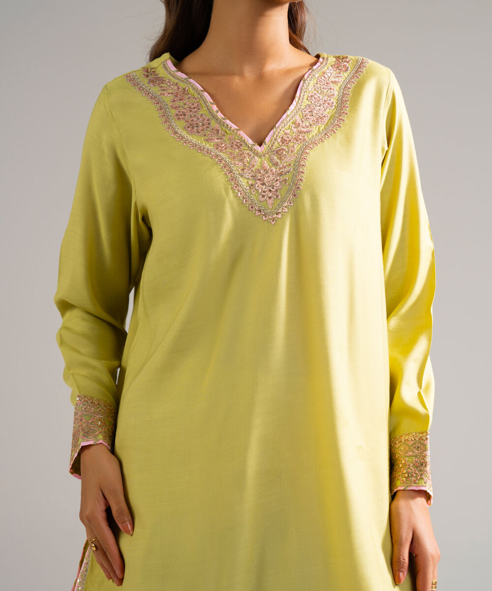 Women's RTW Raw Silk Embroidered Pale Green 3 Piece Suit