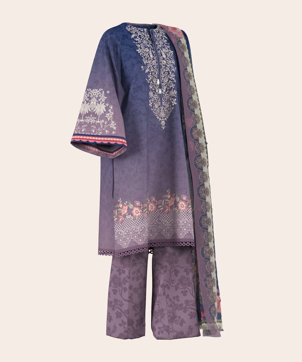 Women's Unstitched Lawn Blue and Mauve  Embroidered 3 Piece Suit