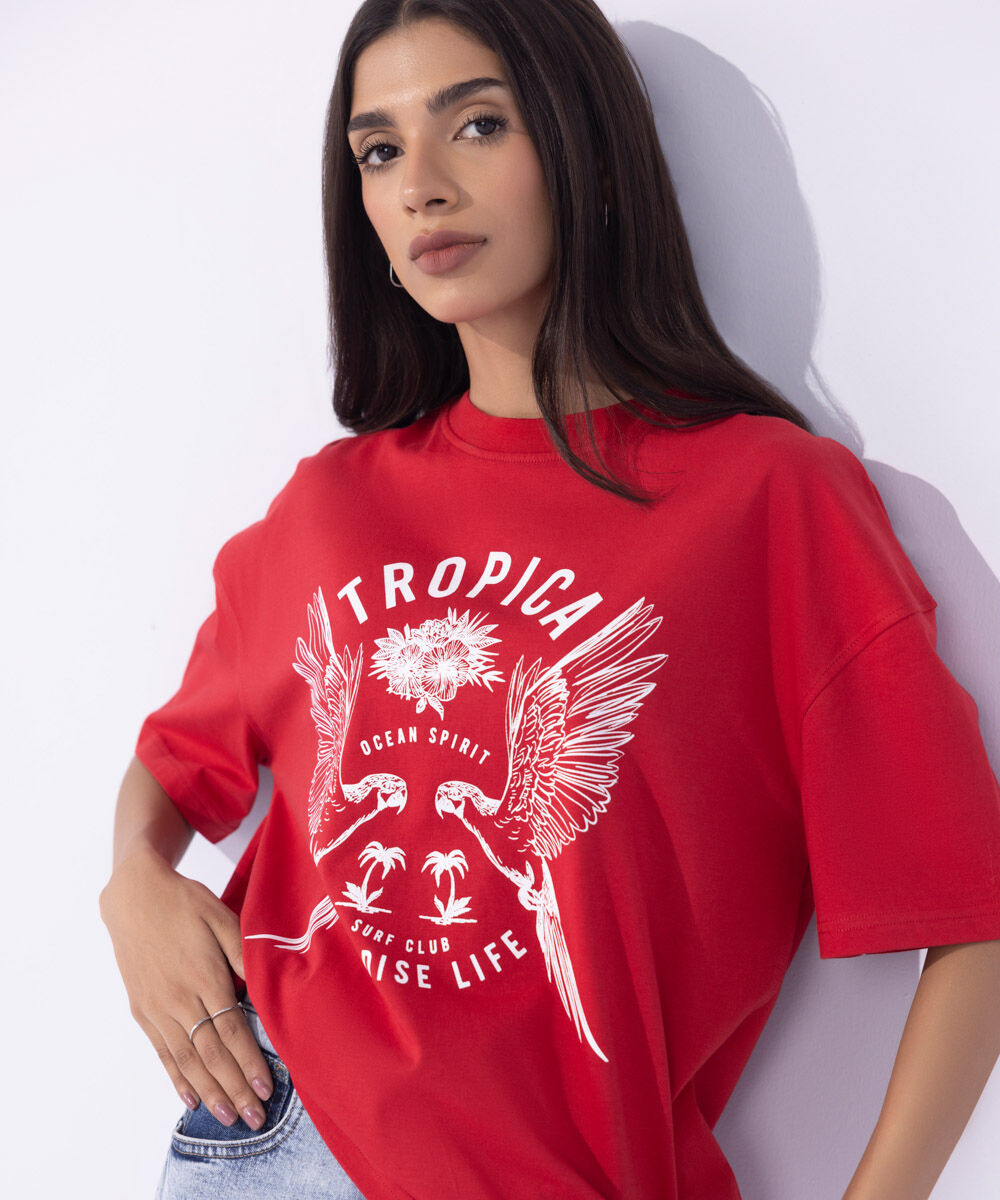 Women's Western Wear Red Loose Fit Graphic T-Shirt