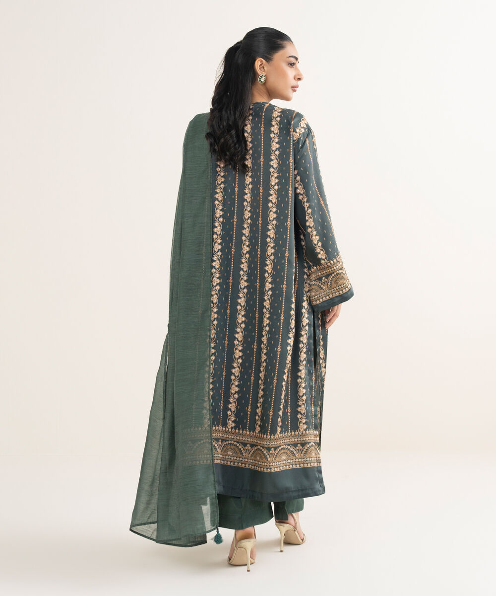 Women's RTW Blended Satin Embroidered Green 3 Piece Suit