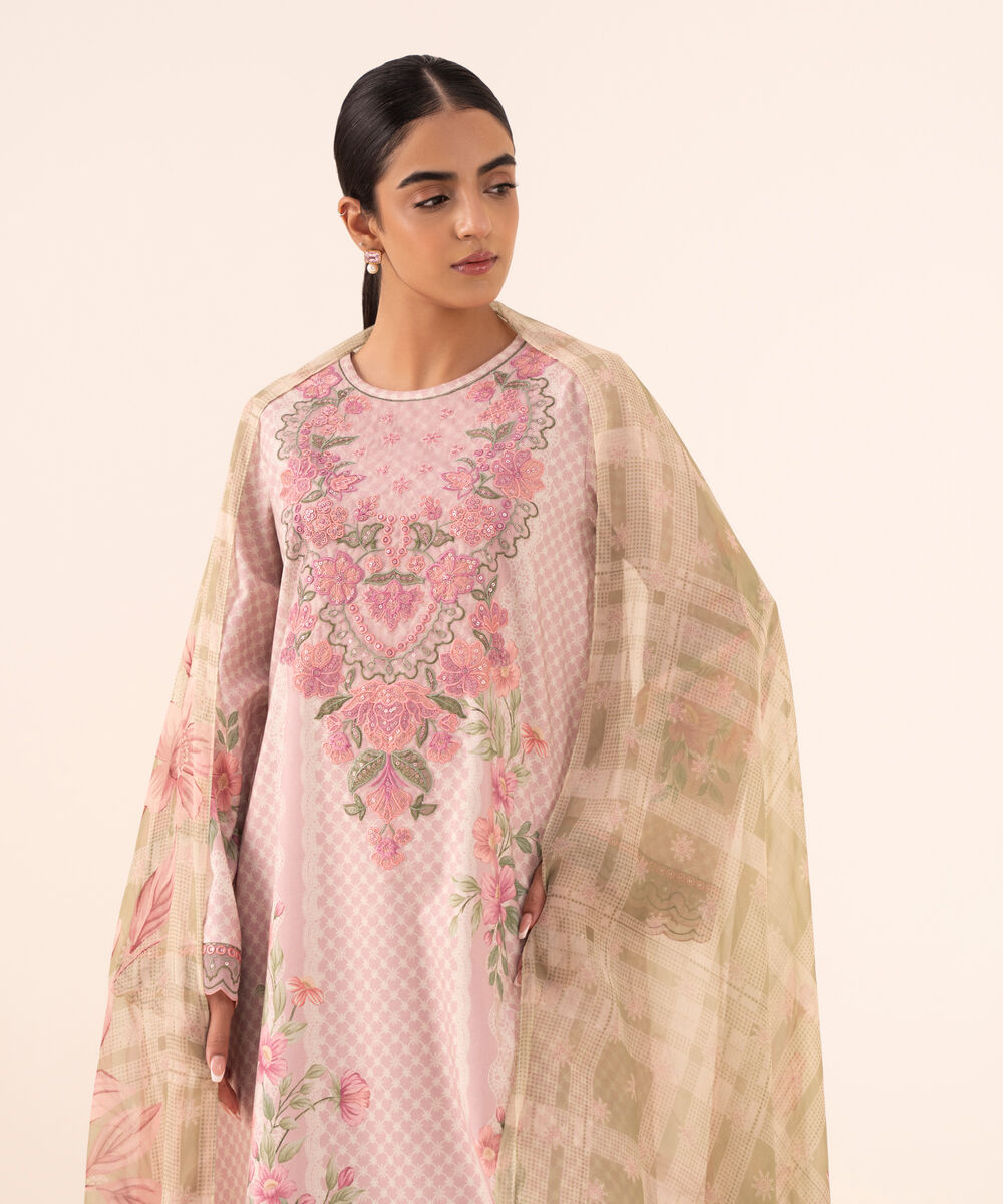 Women's Unstitched Cotton Viscose Embroidered Pink 3 Piece Suit