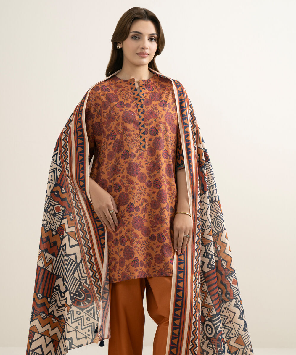Women's Unstitched Lawn Printed Orange 3 Piece Suit
