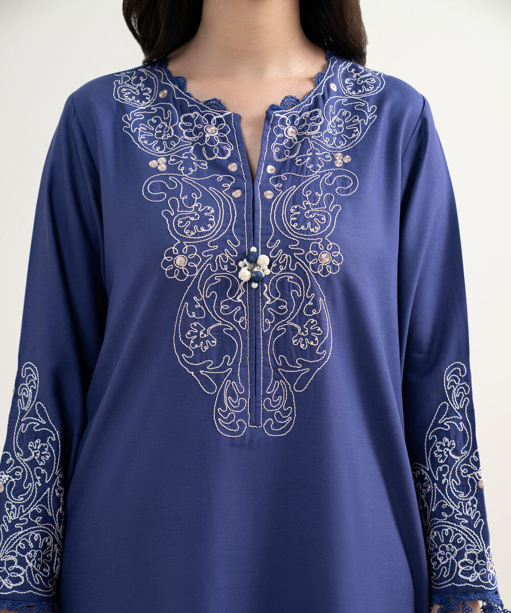 Women's RTW Cotton Viscose Embroidered Purple 3 Piece Suit