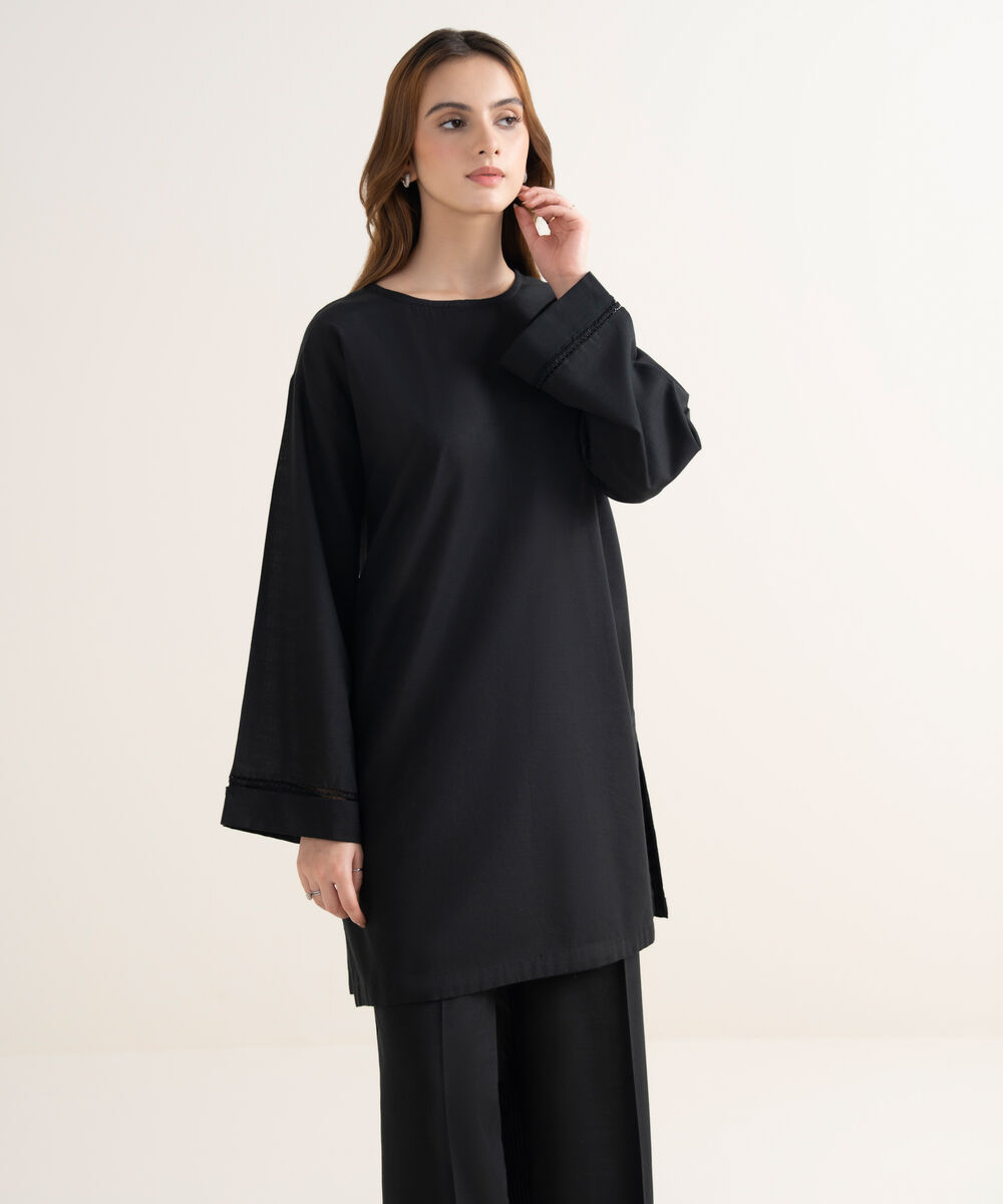 Women's RTW Khaddar Solid Drop Shoulder Black Shirt