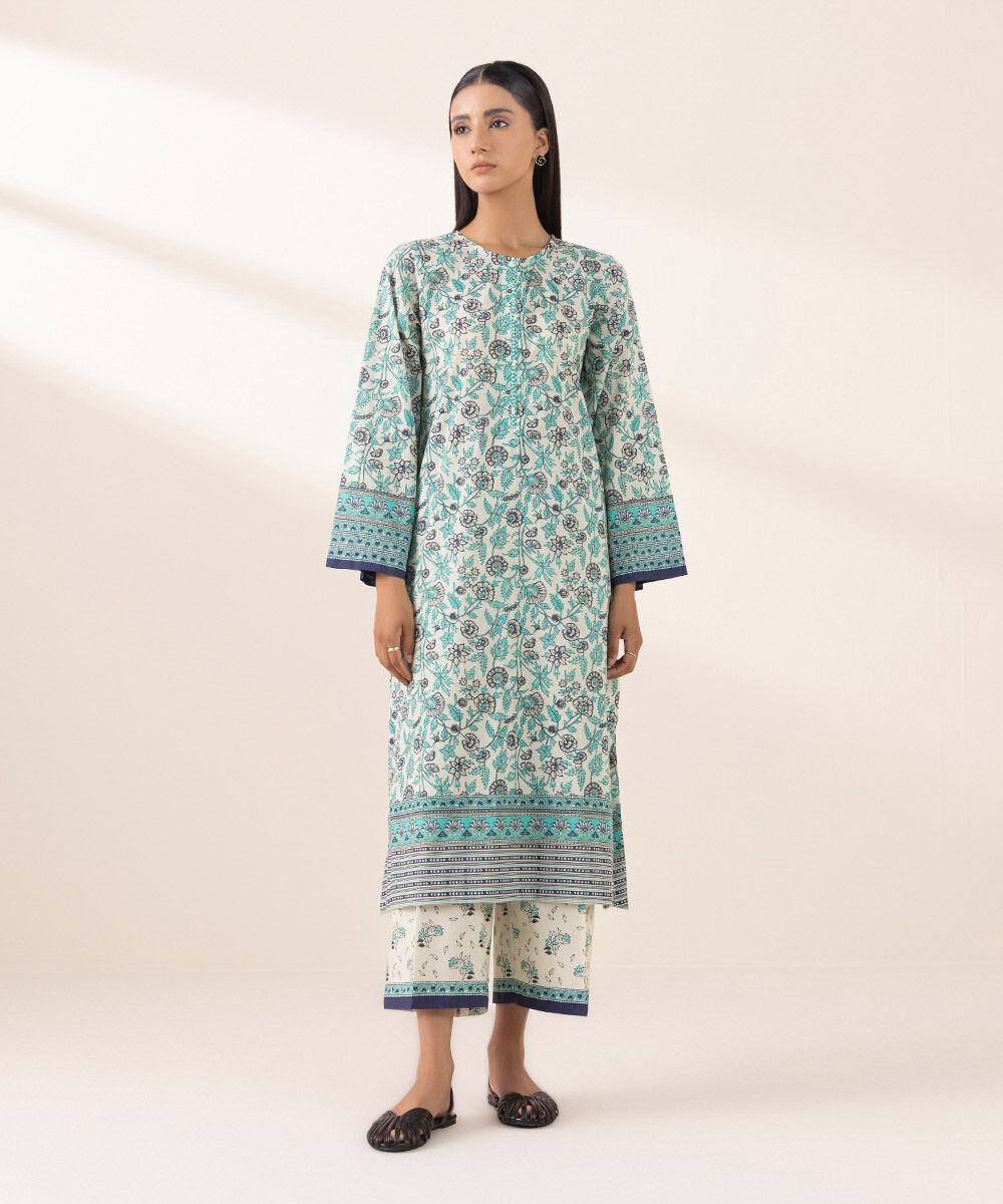 Women's Pret Yarn Dyed Blue Printed A-Line Shirt