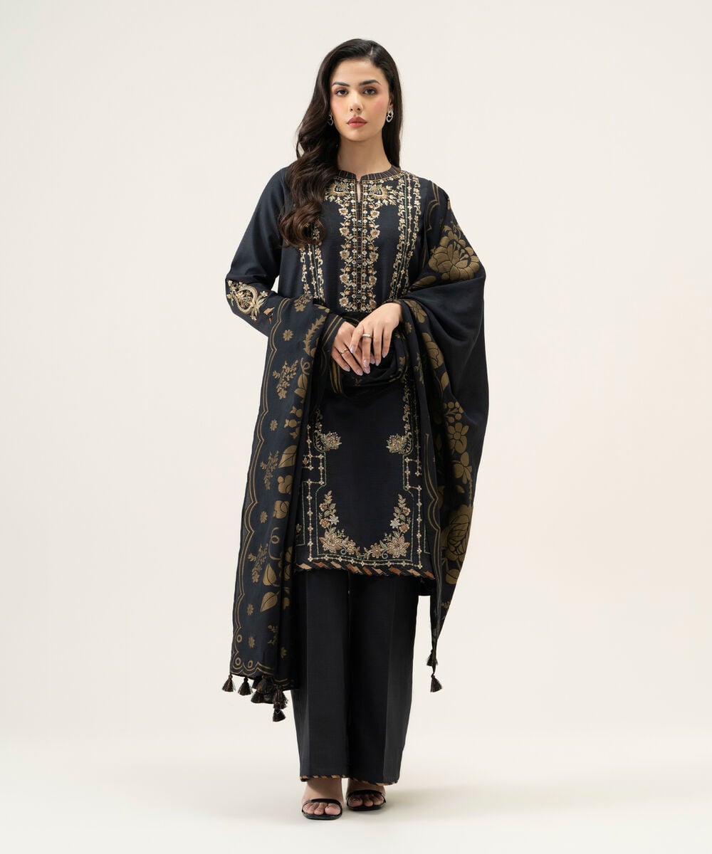 Women's Unstitched Basic Khaddar Embroidered Black 3 Piece Suit