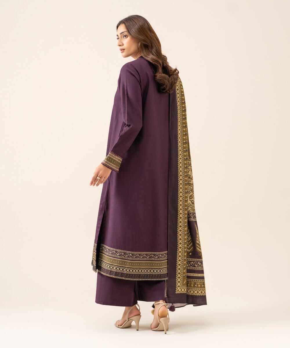 Women's Unstitched Light Khaddar Embroidered Plum 3 Piece Suit