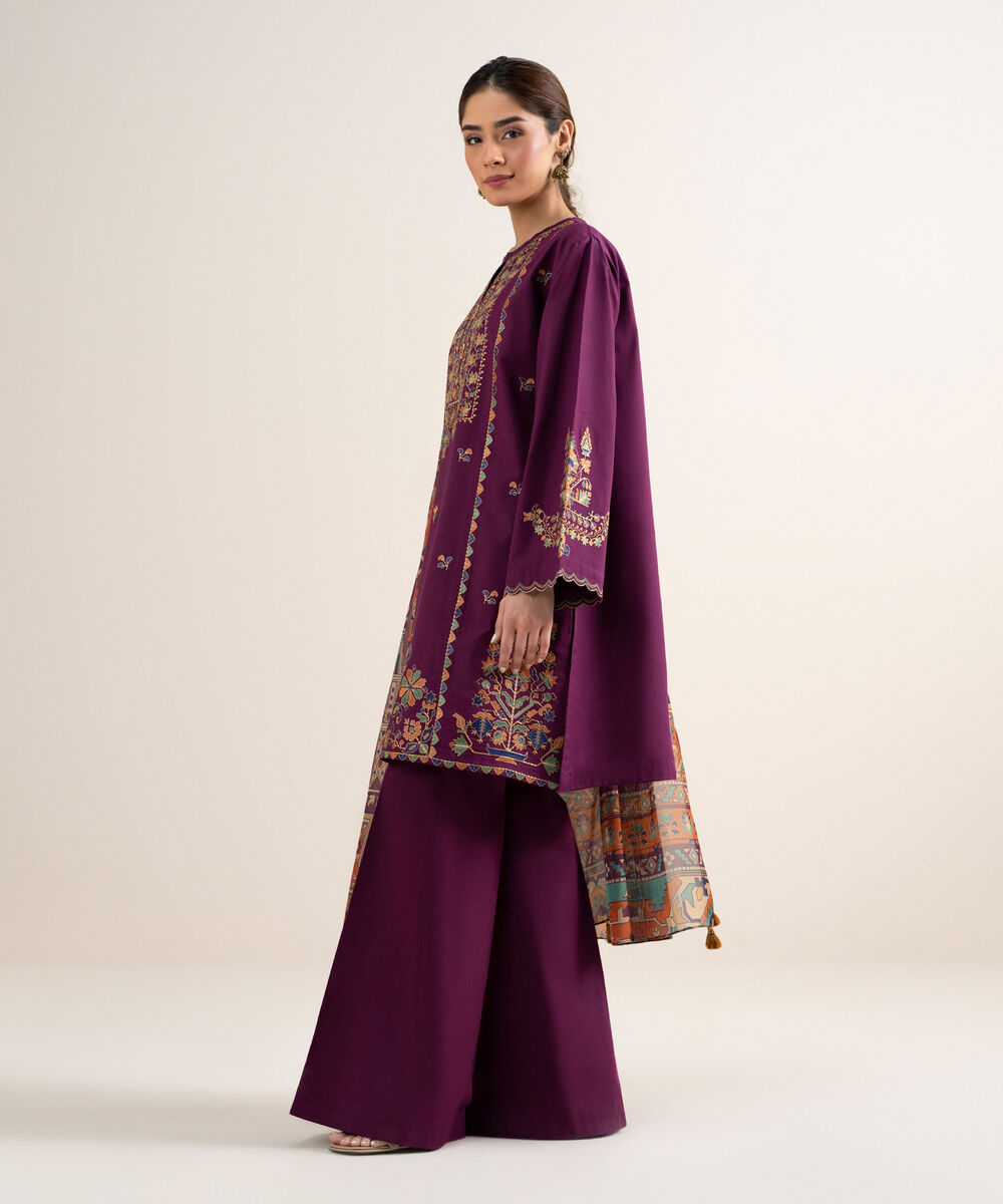 Women's Unstitched Lawn Embroidered Purple 3 Piece Suit