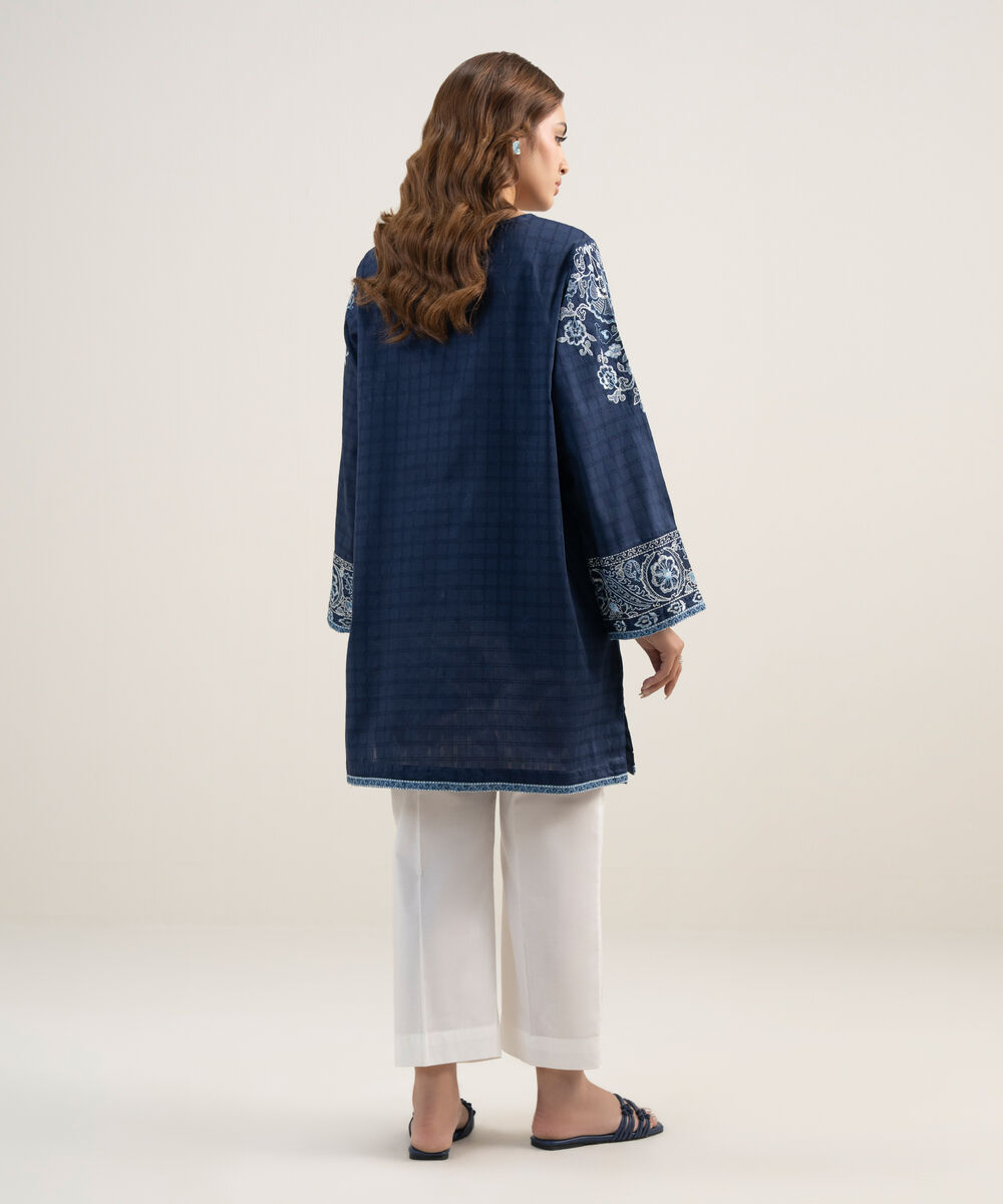 Women's RTW Dobby Embroidered Dark Blue Straight Shirt