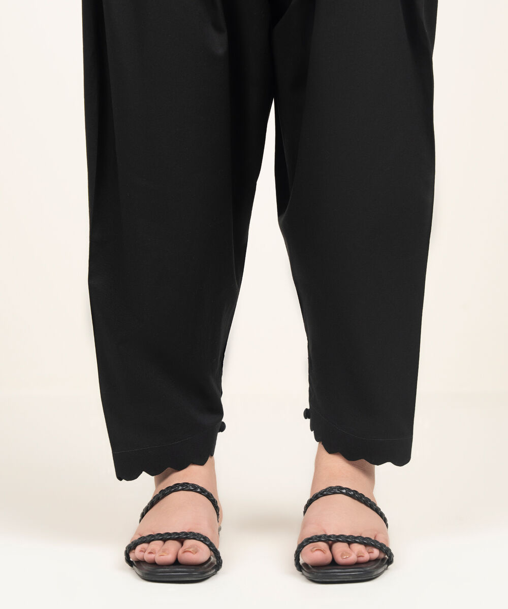 Women's RTW Viscose Raw Silk Solid Black Shalwar