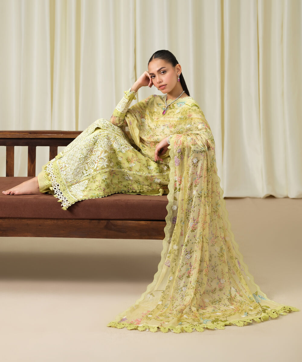 Women's Unstitched Blended Chiffon Embroidered Yellow  3 Piece Suit