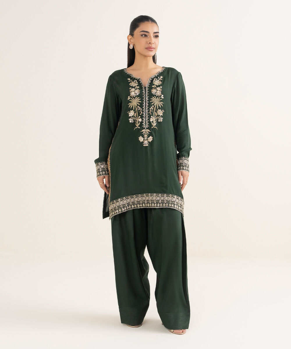 Women's RTW Viscose Raw Silk Embroidered Green 2 Piece Suit