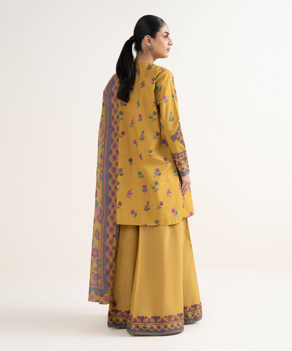 Women's Unstitched Cotton Embroidered Yellow 3 Piece Suit