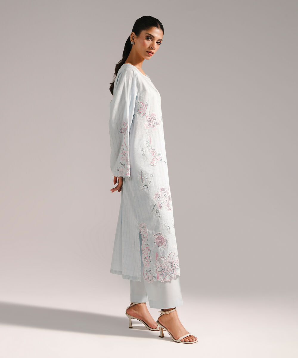 Women's RTW Dobby Embroidered Straight Light Blue Shirt
